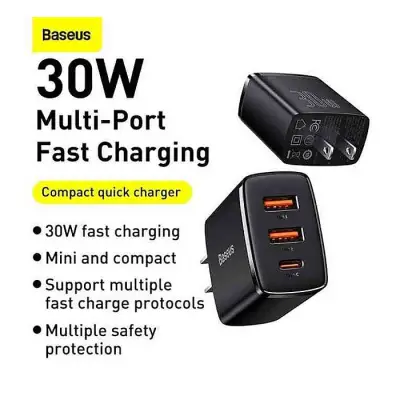 BASEUS Compact Quick Charger 30W 2U+C Type C PD Fast Charging 3...